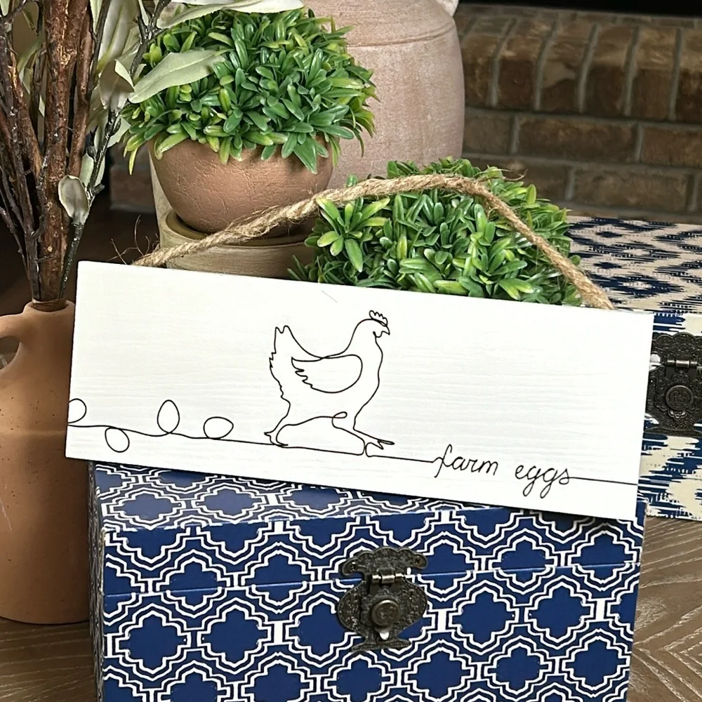 NEW! Modern Farmhouse Black & White Rooster Chicken Farm Eggs Wood & Jute Sign